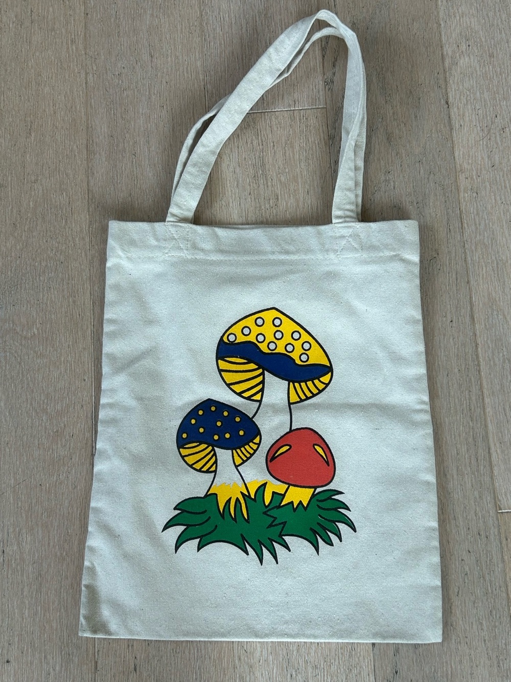 Canvas Tote with Colorful Mushroom Print - Made in Nepal 13.5 x 16.5 in